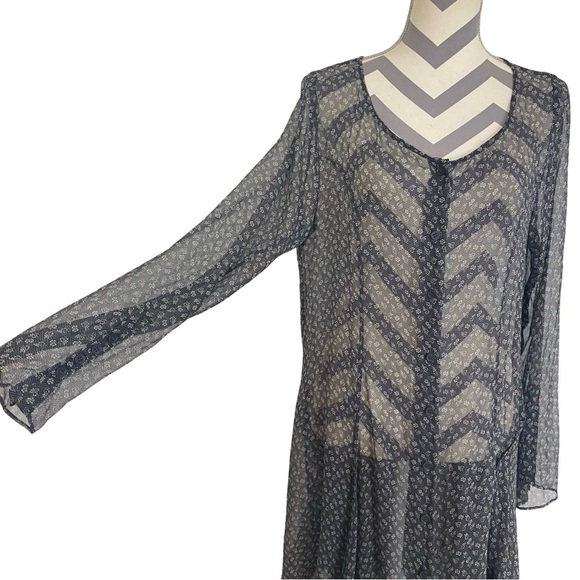Silk Sheer Floral Dress Womens Size Medium Midi Oversized Black Long Sleeve - Picture 5 of 16